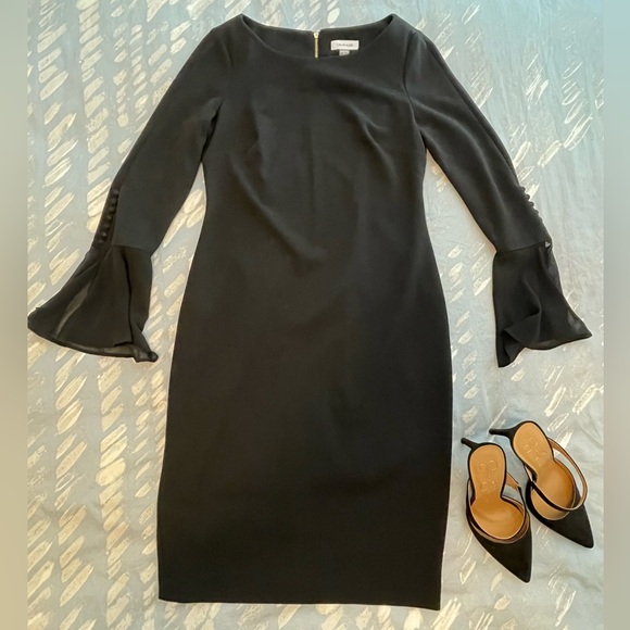 Calvin Klein Chiffon Black Long Sheer Bell Sleeve Round Neck Sheath Dress - Picture 3 of 7